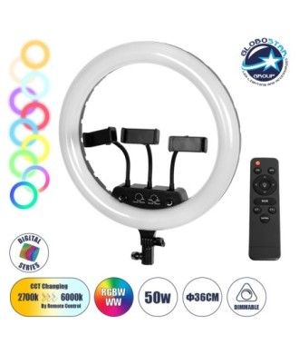 GloboStar® 75804 Professional Digital Ring Light Φ36cm LED SMD 50W 5000lm 180° AC 230V με Καλώδιο Τροφοδοσίας Πρίζας - Ασύρματο Χειριστήριο RF 2.4Ghz Εναλλαγής Χρωμάτων & 3 Βάσεις Τηλεφώνου - Πολύχρωμο RGBW+WW Dimmable